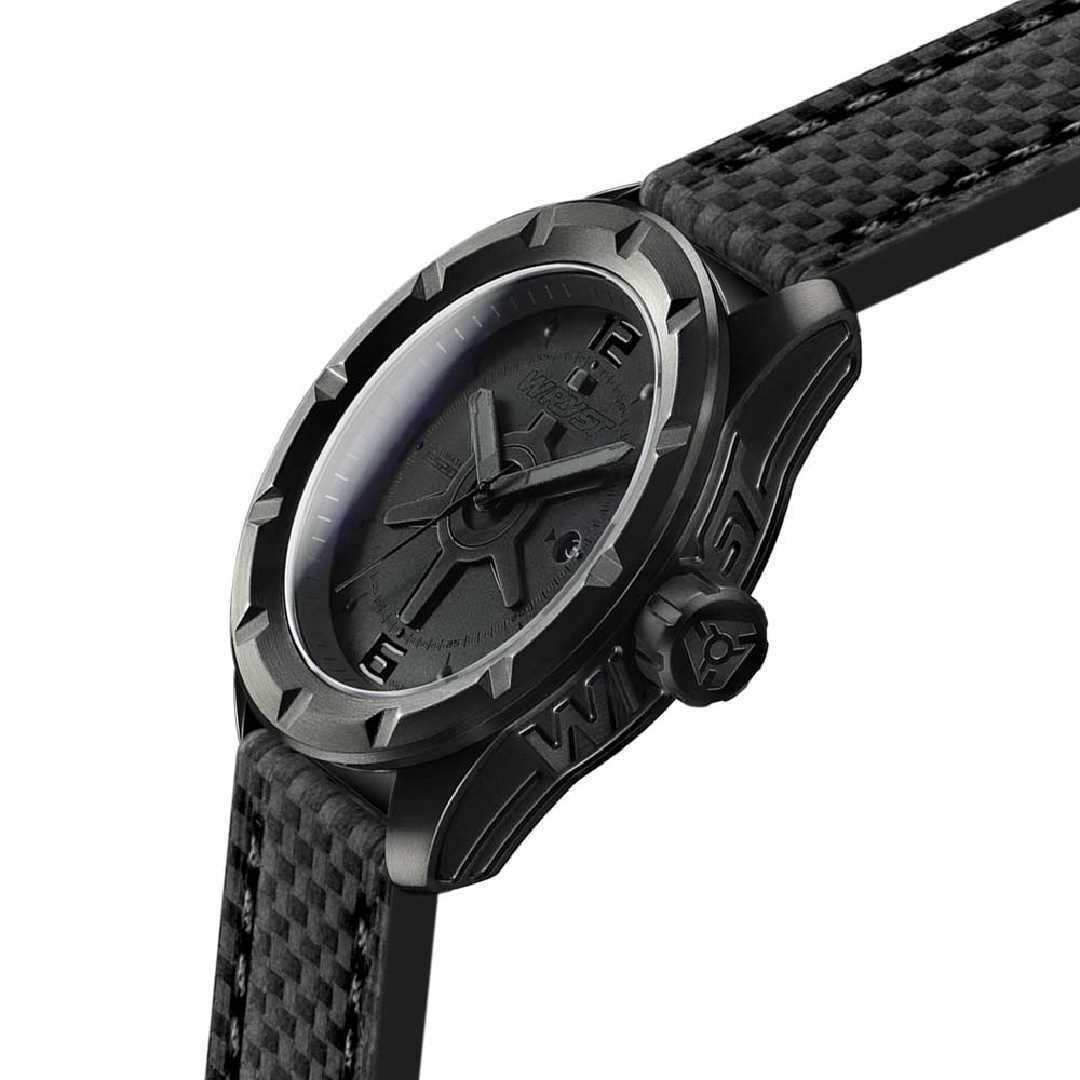 Black DLC watch with black carbon fiber leather band